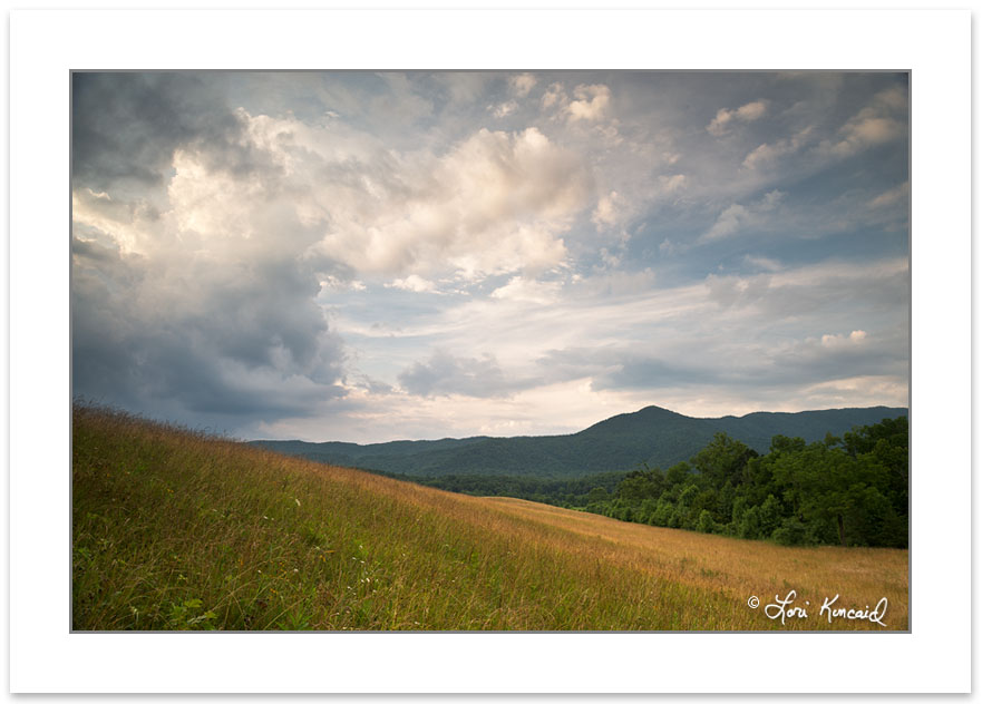 Storm clouds bubble up over a Cades Cove grassy meadow, Great Sm